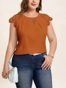 Chikora Blusa sencilla de cuello redondo con diseño calado, color liso, para uso casual diario, tallas grandes, para el verano - Marrón - View 3