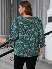 SHEIN Clasi 大码女式碎花圆领灯笼袖宽松优雅衬衫 - 墨綠色 - 查看 2