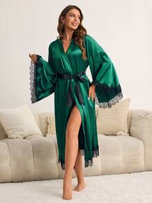 SHEIN Bata de mujer de satén verde oliva de manga larga y largo casual para dormir - Verde Oscuro - Ver 6
