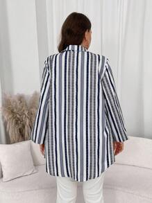 SHEIN LUNE Plus Size Women's Spring & Fall Long Sleeve Ruffle Trim Loose Casual Striped Cardigan Shirt Business Casual Woman Work Blouse Business Blouse Casual Everyday Wear,Essentials Holiday Outfit