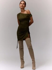 MUSERA Vestido mini con cuello asimétrico, fruncido, sexy y lindo para primavera y verano