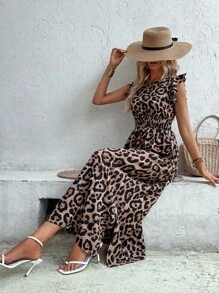 SHEIN PETITE Women's Leopard Print Cap Sleeve Dress - Brown - View 4
