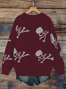 SHEIN LUNE Suéter informal de manga larga, escote redondo, hombro caído, con estampado de calavera, para mujeres de talla grande, otoño/invierno