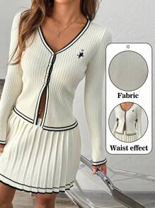 Chiquease 2pcs Women's V-Neck Long Sleeve Striped Sweater Top And Pleated Casual Skirt Set Fall Winter Cloth For Women - Beige - View 1