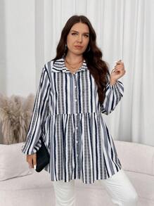 SHEIN LUNE Plus Size Women's Spring & Fall Long Sleeve Ruffle Trim Loose Casual Striped Cardigan Shirt Business Casual Woman Work Blouse Business Blouse Casual Everyday Wear,Essentials Holiday Outfit