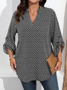 Chemise imprimée à manches retroussées, grande taille, printemps/automne - Noir - Voir 5