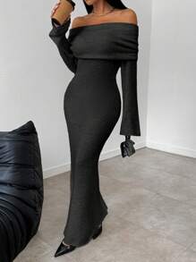 Chiquease 1 pieza Vestido de punto ajustado de corte recto, con hombros descubiertos, textura blanca y puños anchos para mujeres