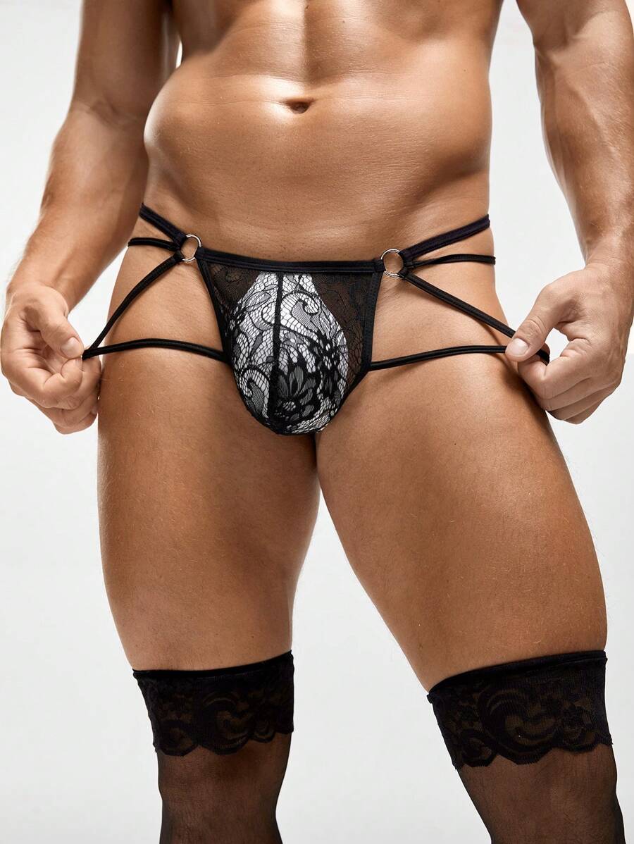 男士蕾丝边镂空环连接性感三角裤 - 黑色 - 查看 1