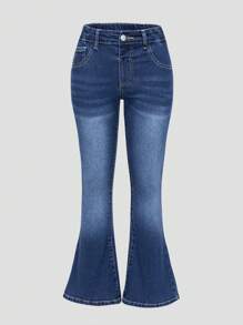 SHEIN Tween Girls Y2K Style Jeans, Girls' Dark Wash Blue Denim Pants With Sparkling Rhinestone Pocket Details, Fashionable & Stretchy Comfortable Skinny Flare Jeans - Dark Wash - View 2