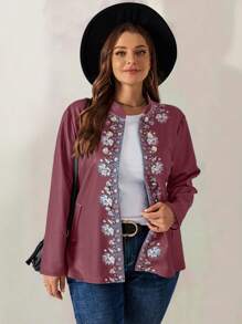 EMERY ROSE Jaket Musim Gugur Wanita Ukuran Besar Motif Bunga Biru - Burgundy - View 4