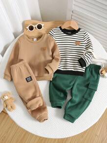 SHEIN 4pcs Baby Boys Autumn/Winter Cute 4 Pieces Set, Black & White Striped Patchwork Sweatshirt, Cartoon Bear Pattern Sweatshirt & Pants, Thicken Thermal Lined , Suitable For Indoor & Outdoor