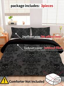 Juego de ropa de cama de 3 piezas con diseño de calavera, en estilo gótico barroco victoriano en negro y gris, 1 funda nórdica + 2 fundas de almohada, impresión de alta definición en tela de 100% poliéster, suave y cómodo, adecuado para dormitorio, dormitorio, camping, viaje - Multicolor - Ver 2