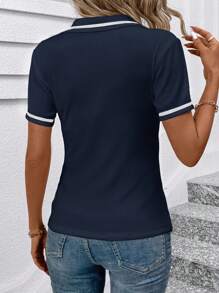 SHEIN Clasi Women's Short Sleeve Contrast Color Zip Up Fitted T-Shirt - Navy Blue - View 2