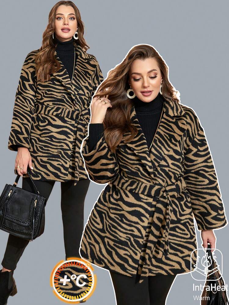 Plus Size Women Zebra Print Long Sleeve Knitted Thermal Jacket, Winter