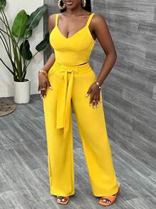 Slaydiva Elegant Spaghetti Strap Back Crop Top Wide Leg Bow Belt Trousers Yellow Women's Two-Piece Set-C