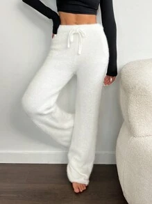 SHEIN Unity Women Solid Color Waist-Tie Casual Versatile Simple Sweater Pants - White - View 5