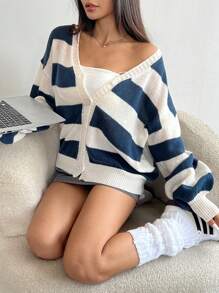 SHEIN Unity 女式宽条纹落肩前开休闲开衫，秋冬