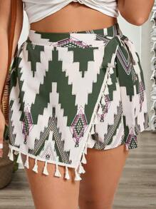 SHEIN VCAY Plus Geo Print Tassel Trim Wrap Knot Side Summer Skort - Green - View 5