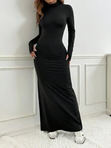 SHEIN EZwear 女式加大码纯色简约修身美人鱼连衣裙 - 黑色 - 查看 1