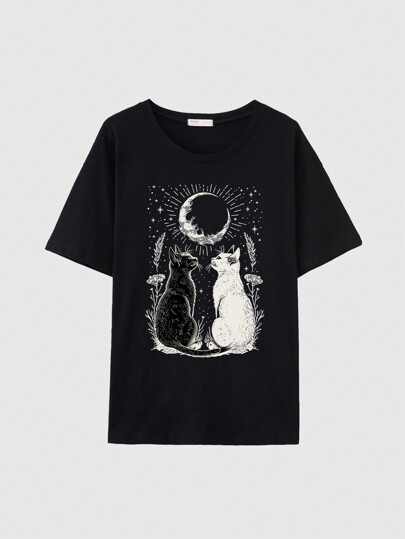 Goth Große Größen Sommer Lässig Gothic Yin Yang Katze und Mond Muster T-Shirt