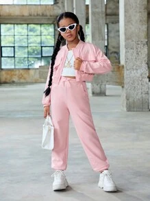 SHEIN SLAYR Tween Girl Tween Girl 翻盖口袋运动衫和慢跑裤套装 - 淺粉色 - 查看 7