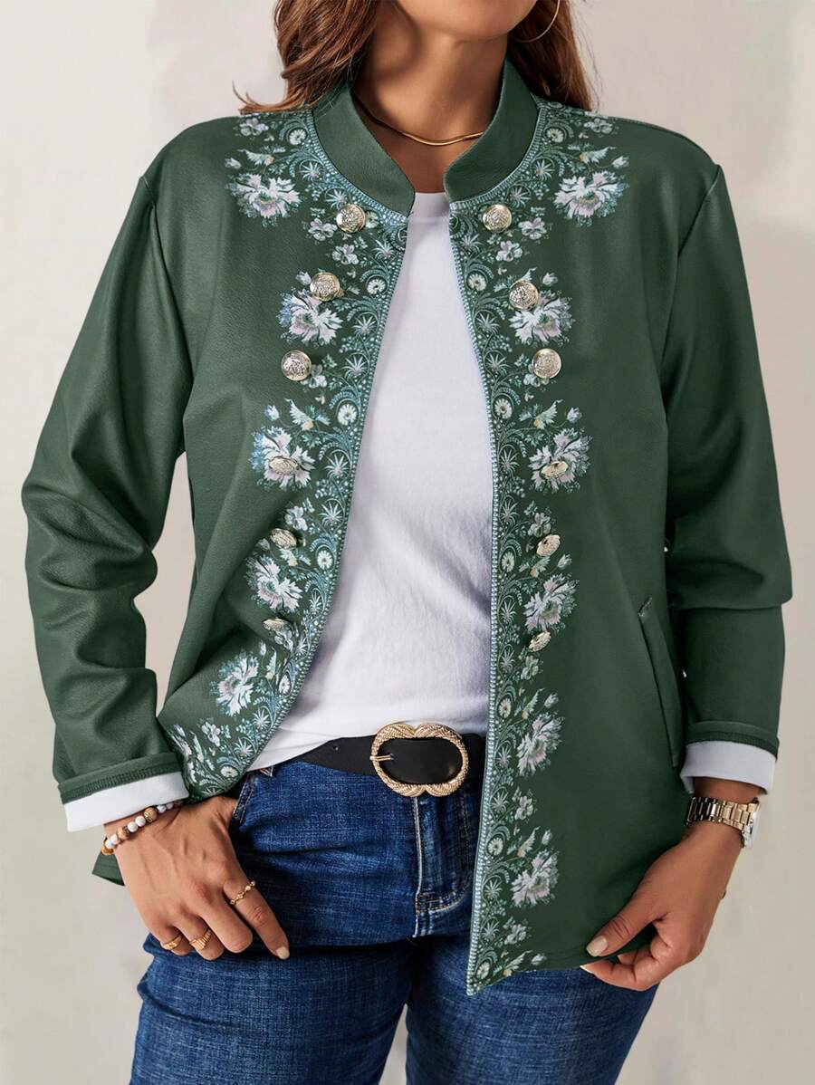 EMERY ROSE Áo khoác thu họa tiết hoa màu xanh cỡ lớn cho nữ - Màu xanh lá cây đậm - Xem 1