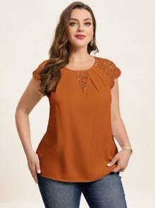 Chikora Blusa sencilla de cuello redondo con diseño calado, color liso, para uso casual diario, tallas grandes, para el verano - Marrón - View 6