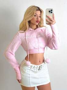 EgrlEra 女士长袖连帽蕾丝花边运动衫，秋冬 Y2K 服装，长袖上衣 - 粉色 - 查看 4