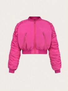 Slaydiva Plus Size Zip Up Ruched Sleeve Padded Coat - Hot Pink - View 1
