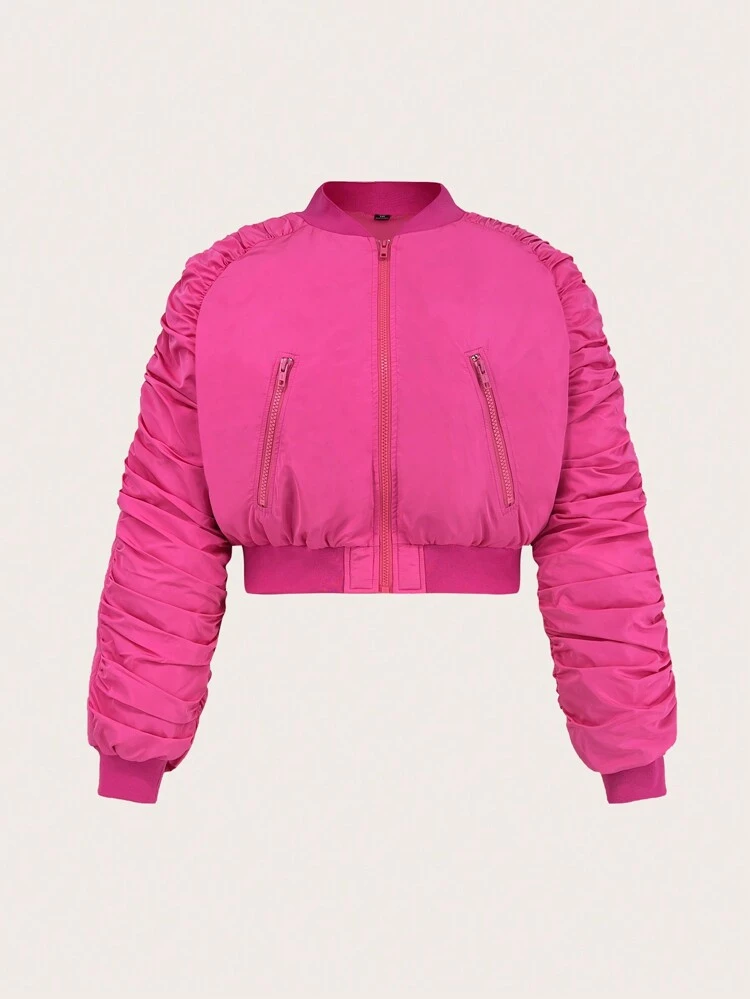 Plus Size Zip Up Ruched Sleeve Padded Coat