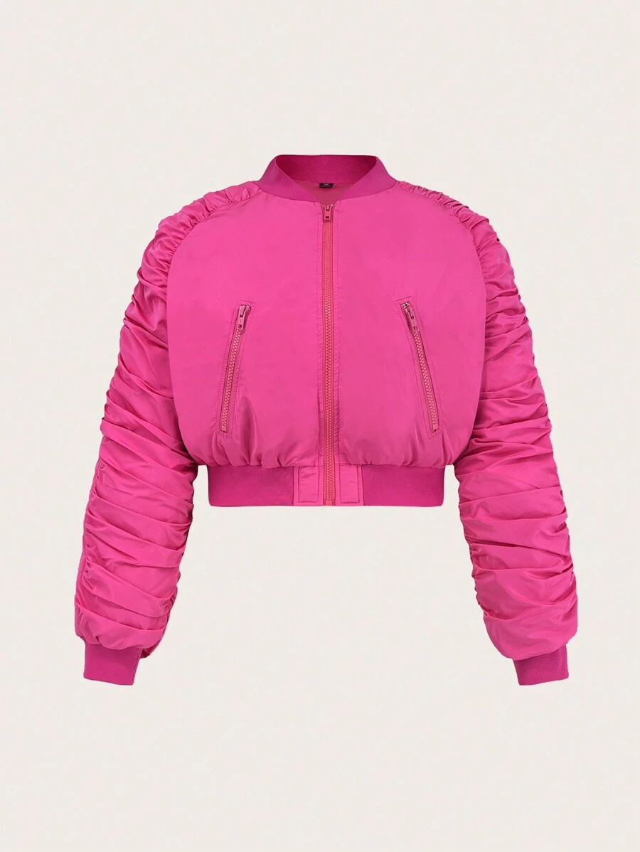 Slaydiva Plus Size Zip Up Ruched Sleeve Padded Coat - Hot Pink - View 1