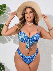 Plus Size Allover Print Spaghetti Strap Bikini Top And Bottom Swimwear Set Summer