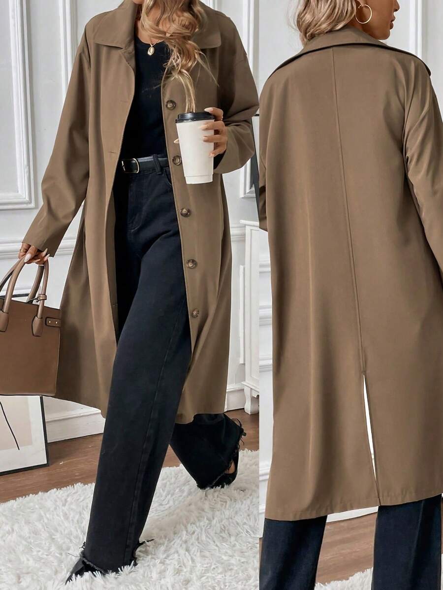 Chiquease Minimalist Loose Lapel Single Breasted Long Sleeve Mid-Length Women Brown Trench Coat Fall Winter Cloth For Women - Mocha Brown - View 1
