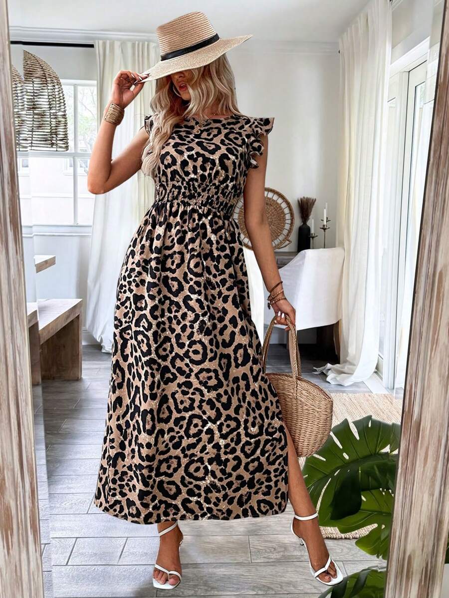 SHEIN PETITE Women's Leopard Print Cap Sleeve Dress - Brown - View 1
