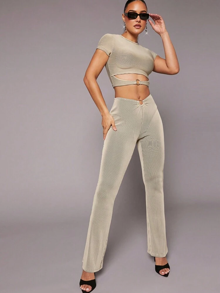 O-Ring Ribbed Knit Top & Pants Two Pieces Set