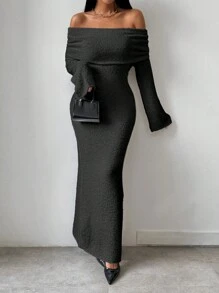 Chiquease 1 pieza Vestido de punto ajustado de corte recto, con hombros descubiertos, textura blanca y puños anchos para mujeres