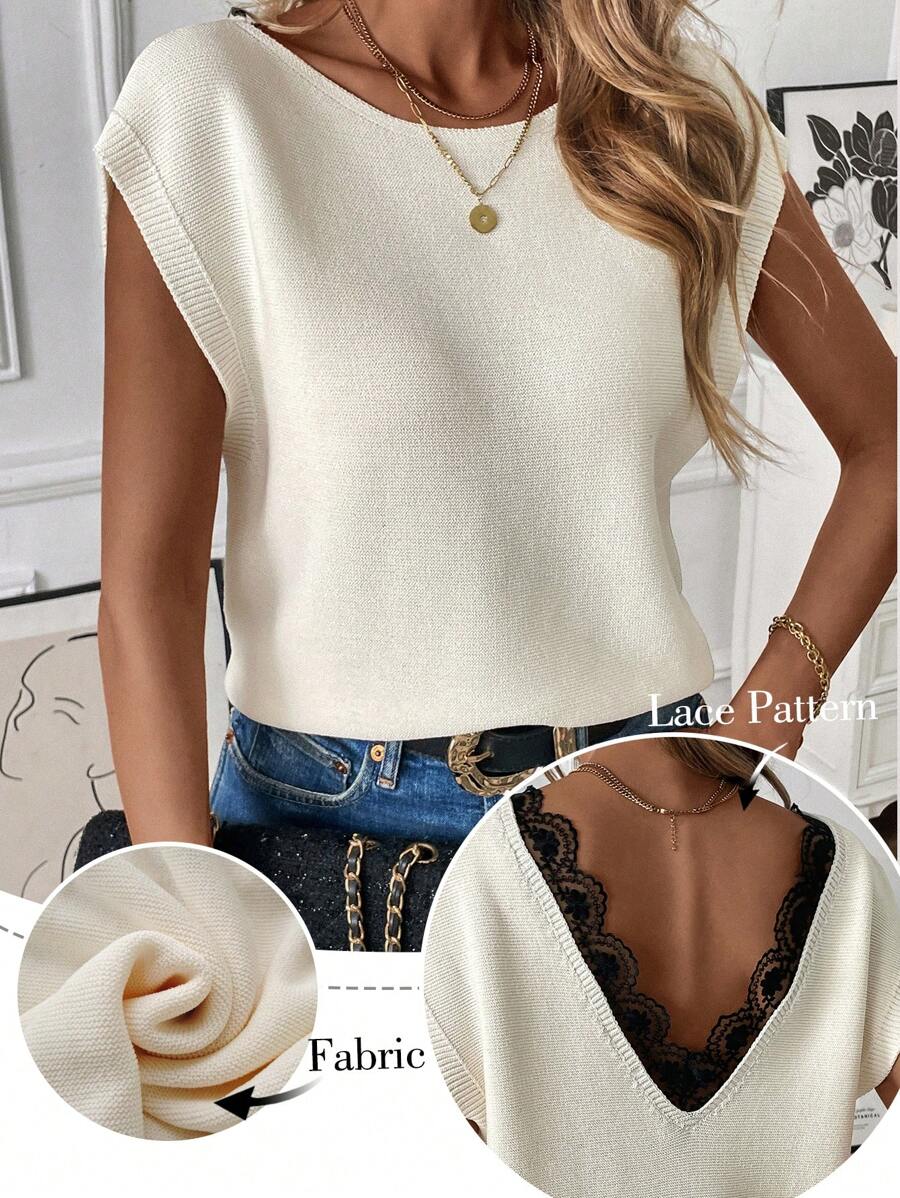 Chiquease Women's Crew Neck Short Sleeve Solid Color Simple Casual Loose Comfortable Sweater Vest - Apricot - View 1