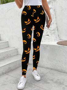 SHEIN LUNE سراويل نسائية بتصميم نحيف بنمط عنصر هالوين، طراز كاجوال وبسيط، مناسبة للخريف والشتاء - متعدد الألوان - مشاهدة 3