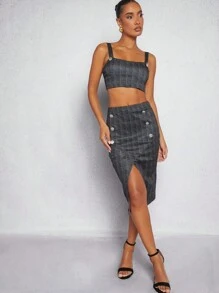 Hauture Tweedelige set met geruite knooptop en splitrok