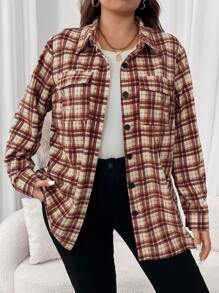 SHEIN LUNE Veste décontractée à manches longues, poches utilitaires, à carreaux, ample, pour femmes, tailles grandes, pour le printemps et l'automne, pour le port quotidien, les vacances de Thanksgiving - Multicolore - Voir 3