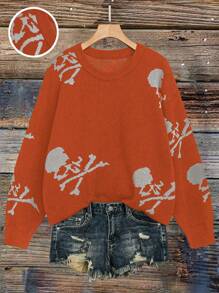 SHEIN LUNE 大码女式休闲骷髅头图案圆领落肩长袖针织套头衫，秋冬款 - 橘色 - 查看 1