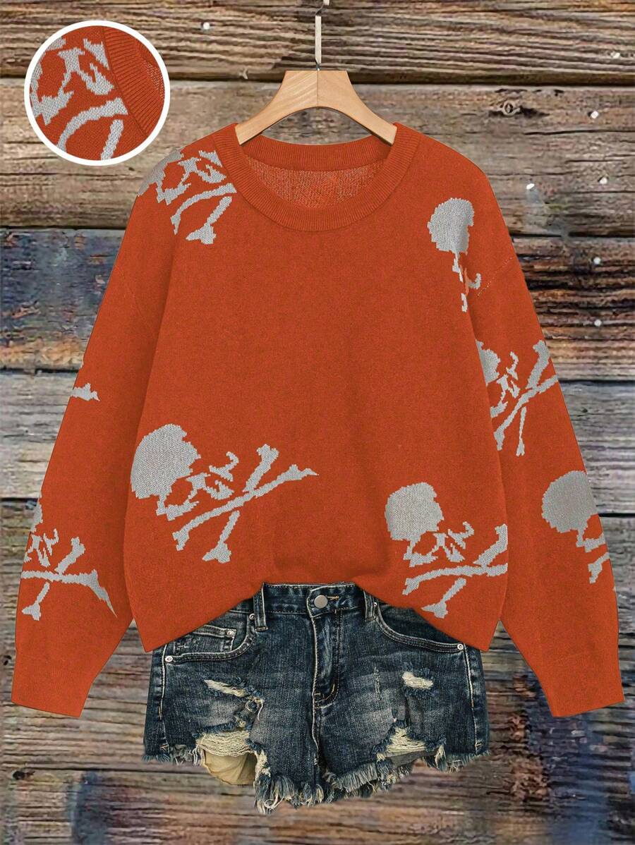 SHEIN LUNE 大码女式休闲骷髅头图案圆领落肩长袖针织套头衫，秋冬款 - 橘色 - 查看 1