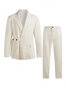 Manfinity Mode 2pcs Men's Plus Size Solid Color Long Sleeve Side Button Design Blazer And Pants Daily Office Suit Set