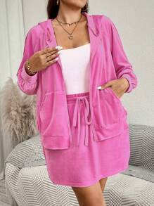 SHEIN LUNE 2 件/套大码天鹅绒舒适连帽衫夹克和裙子套装，带口袋，适合秋季机场女士服装套装粉色上衣和裙子套装旅行装机场假日服装圣诞连衣裙 - 粉色 - 查看 4