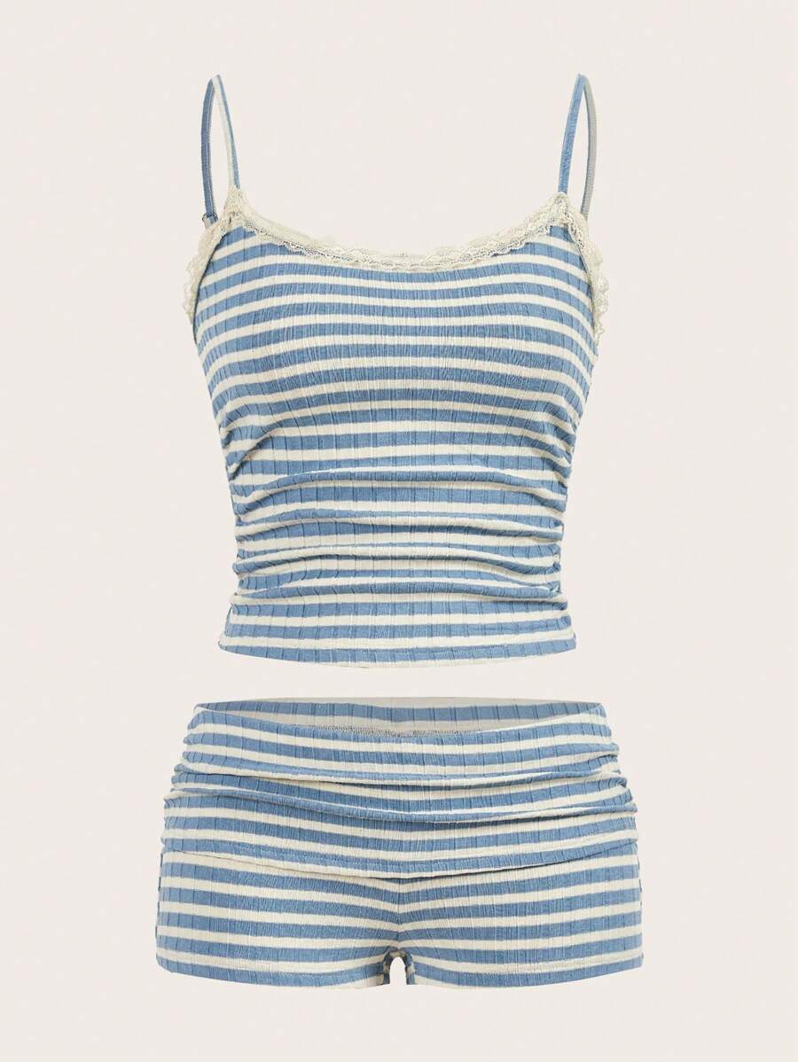 SHEIN EZwear Summer Casual Striped Suspender Shorts Set - Blue and White - View 1