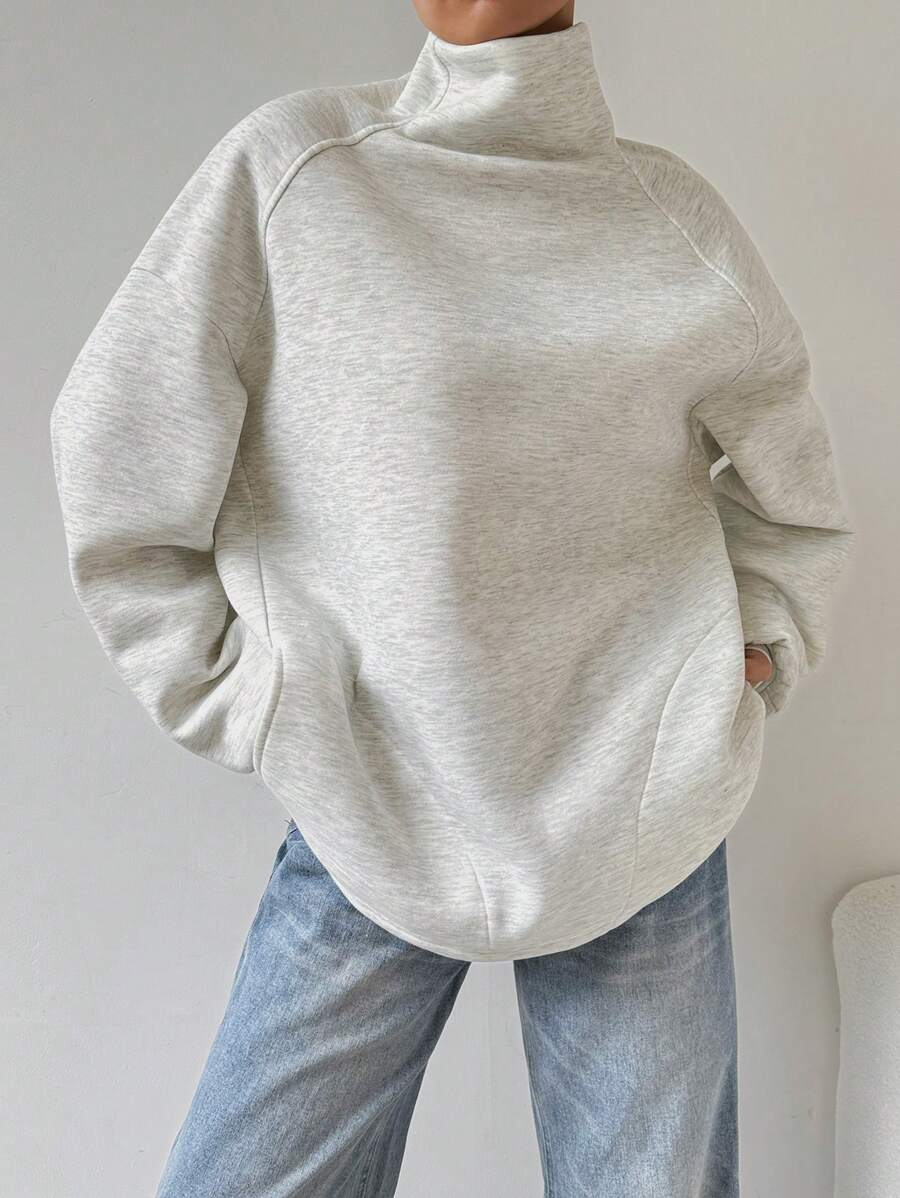 SHEIN EZwear 休闲高领宽松运动衫，秋冬 - 灰色 - 查看 1