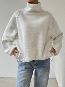 SHEIN EZwear 休闲高领宽松运动衫，秋冬 - 灰色 - 查看 3