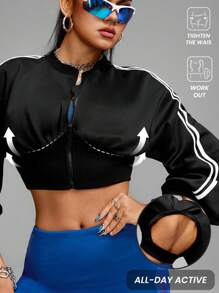 Innovista Innovista Women Black And White Striped Striped Trim Jacket,Autumn Workout Athleisure Cropped Jacket,Bust Ruching Backless Shake Hoodie,Utilitarian Chic Gym - Black - View 9