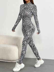 SHEIN Unity 1 件时尚斑马条纹立领长袖连体裤春秋季 - 黑與白 - 查看 5