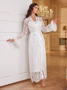 2pcs Floral Lace Sheer Robe And Faux Silk Cami Nightgown Set - White - View 4